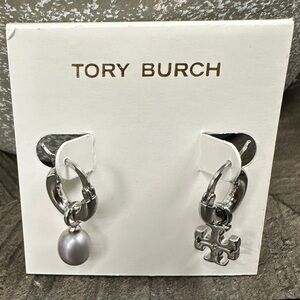 Tory Burch Mismatched Silver Earrings with Pearl and Logo